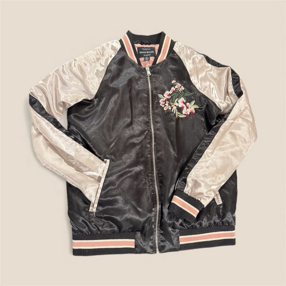 F21 Black and Cream Satin Bomber Jacket with Floral Embroidery
